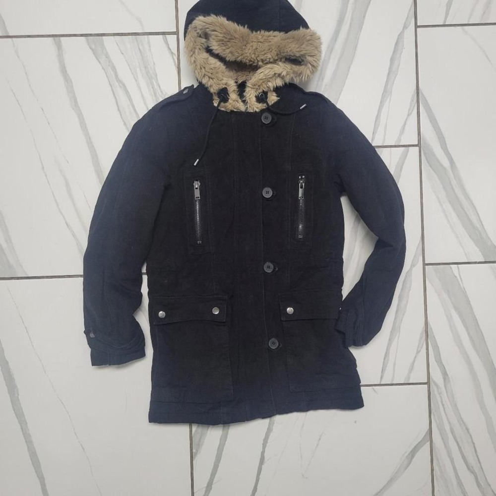 Y2k Black and cream faux fur hooded forever 21  jacket with pockets S